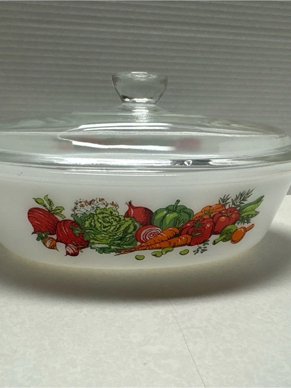 Vintage Glasbake Milk Glass Oval Vegetables Theme 1 qt Casserole Dish W/ Lid